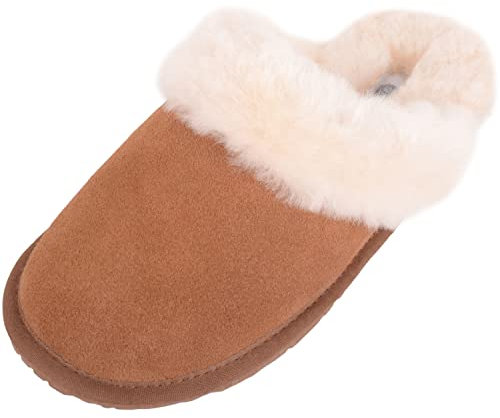 SNUGRUGS Damen Elsie, Offener Rücken Schaffell Mule Slipper mit Manschette, Braun - kastanienbraun - Größe: 37 EU