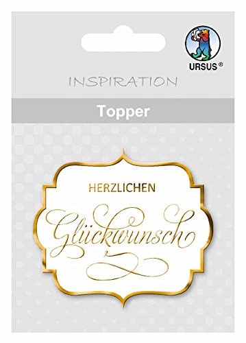 Ursus 56700004 - Topper Herzlichen Glückwunsch, weiß/gold, 8 Stück, ca. 6,5 x 7,6 cm, aus hochwertigen Materialien, mit edlem Perleffekt, Folienveredelt in silber, ideal zum Verzieren von Karten