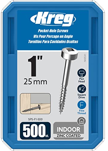 Kreg SPS-F1-500 Zink-Taschenschrauben, 2,5 cm, #6 Feingewinde, Flachkopf (500 Stück)