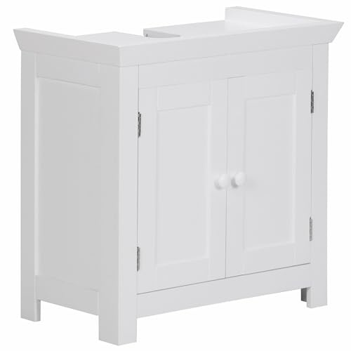 Wohnling Waschbeckenunterschrank 57x30x55,5 cm Weiß, Badschrank Klein | Badunterschrank mit 2 Türen und Siphonaussparung, Badezimmerschrank mit runden Griffen, Badmöbel zeitlos