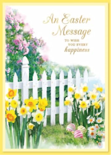 Happy Easter Card - Picket Fence Spring Daffodils Daisies Decorated Eggs Gold Foil 7x5