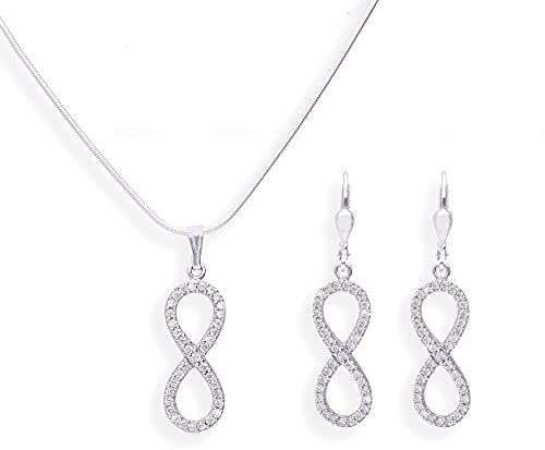 Schmuckset Unendlichkeitzeichen Infinity Set Kette und Ohrringe 925 Silber mit Zirkonia Steinen