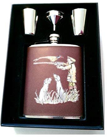 Farm Cottage Brands 6oz Brown Leather Hip flask set with funnel and 2 stainless steel tumblers in a lovely presentation box featuring Were you shooting at me ? pheasant game shooting (AC15)