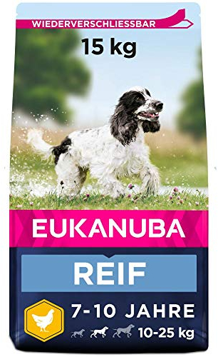 Eukanuba Hundefutter mit frischem Huhn für mittelgroße Rassen, Premium Trockenfutter für reife Hunde, 15 kg