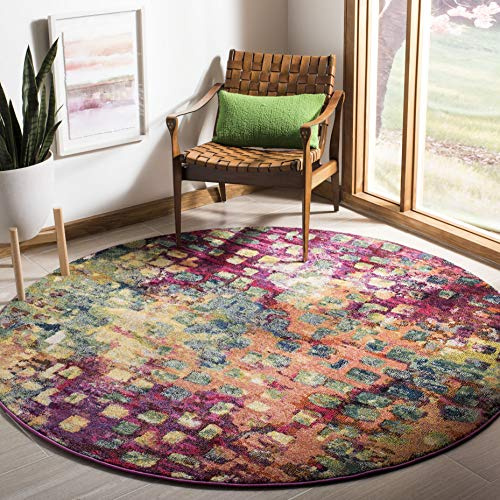 SAFAVIEH Monaco Collection Area Rug - 6'7 Round, Pink & Multi, Boho Chic Abstract Watercolor Design, Non-Shedding & Easy Care, Ideal for High Traffic Areas in Living Room, Bedroom (MNC225D)