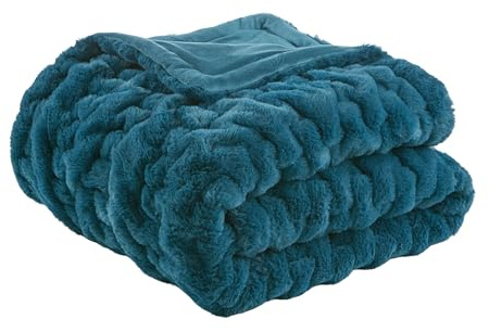 Madison Park Ruched Fur Luxury Throw Teal 50 x 60 Premium Soft Cozy Brushed Long Fur for Bed, Coach or Sofa