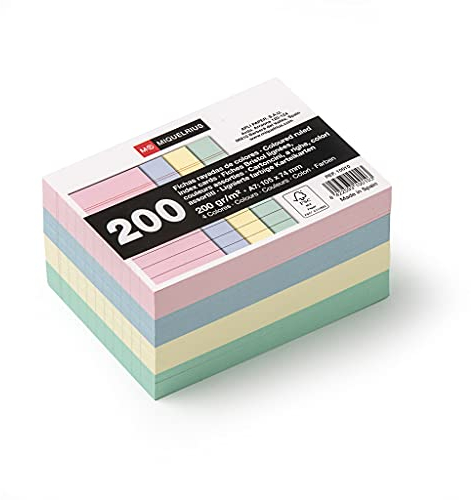 Miquelrius – Karteikarten, Lernkarten, 200 Notizkarten, horizontal liniert, A7-Format, 74 x 105 mm, 200 g/m² Offset-Kartenpapier, Pastellfarben