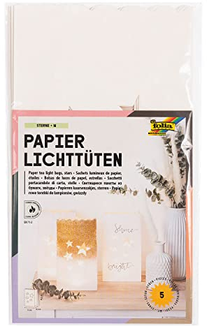 folia 12410 - Papier-Lichtertüten Sterne, Tüten aus schwer entflammbarem Papier, 5 Stück, ca. 24,5 x 14 x 8,5 cm, stimmungsvolle Tischdekoration im Advent und zu Weihnachten