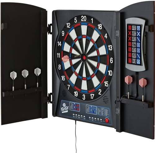 Fat Cat Mercury Electronic Soft Tip Dartboard with Cabinet, 13.5 in Target, 28 Games, 6 Darts Included, Black