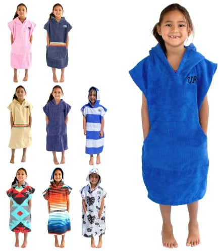 COR Surf Kinder Handtuch Poncho - Weicher, schnell trocknender Bade Poncho aus Mikrofaser, Kapuzenhandtuch mit Taschen, leicht und farbecht für Kinder von 3-8 Jahren, Dunkelblau, Einheitsgröße