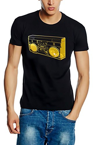 Coole Fun T-Shirts Ghettoblaster T-Shirt Music t-Shirts, schwarz/Gold, Grösse: L