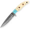Coltello da caccia effetto damasco fatto a mano, manico turchese in osso.