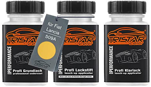TRISTARcolor Autolack Lackstift Set für Fiat/Lancia 509A Giallo Birichino/Tropicalia Gelb Grundlack Basislack Klarlack je 50ml