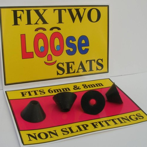 4 RUBBER NON SLIP TOILET SEAT HINGE FITTINGS. ENOUGH RUBBER FITTINGS TO SECURE TWO LOOSE TOILET SEATS. FOR CHROME AND BRASS HINGES ON WOODEN, RESIN, PLASTIC, MAHOGANY,WHITE, OAK & NOVELTY SEATS.