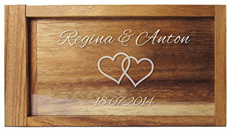 Casa Vivente Magische Geldgeschenkbox mit Gravur, Personalisiert mit Namen und Datum, Motiv Herzen, Hochzeitsgeschenke für Brautpaar