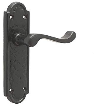 Black Antique Victorian Scroll Door Handles on Shaped Backplate Lever Latch