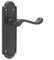 Black Antique Victorian Scroll Door Handles on Shaped Backplate Lever Latch