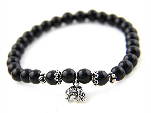 agathe création P182014 Bracelet tibetain Porte Bonheur - Pendentif éléphant en Argent 925 - Perles en Pierres d'onyx - Perles en Argent 925 - Noir - Taille sur Mesure - Fait Main