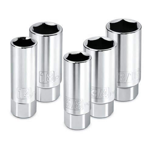Powerbuilt 3/8-Inch Drive Spark Plug Socket Set, 6 Point, Deep Thin Wall, 5 Piece Metric and SAE - 640855, Grey