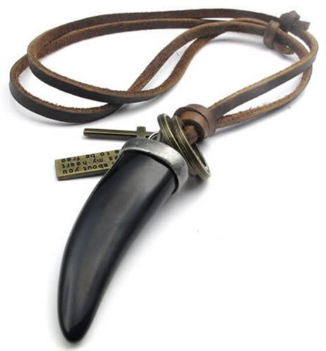 KONOV Schmuck Herren Halskette, Wolf Gebiss Kreuz Anhänger mit Leder Kette, Braun Schwarz Silber