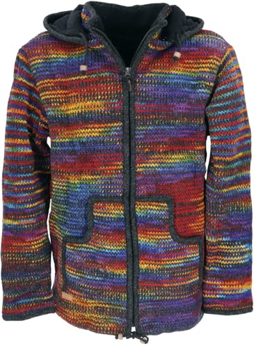 GURU SHOP Kuschelige gefütterte Strickjacke aus Schafwolle, Unisex | Fleece gefüttert, abnehmbare Kapuze, geräumige Taschen, fair gehandelt in Nepal