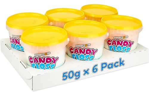 Sweetzone Candy Floss 50g x6 Pack Halal Tub | Halal cotton candy floss pots 50g, retro fairground sweets, bulk multipack, party bags, kids treats, classic British candy
