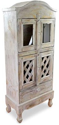 livasia Vitrinenschrank aus Massivholz - 53x28x123cm - handgefertigter Holzschrank mit Schnitzereien im Antik Stil aus Bali, Vitrine für Wohnzimmer & Esszimmer (Whitewash)