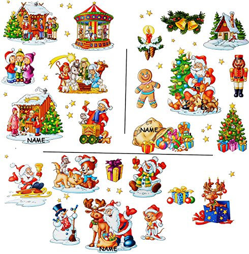 alles-meine.de GmbH 3 versch. Bögen: statisch haftende Fensterbilder - wunderschöne Weihnachten - incl. Name - Weihnachtskrippe/Schneemann/Weihnachtsbaum/Weihnachtsmann..