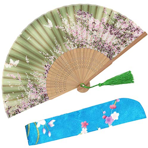 With a Fabric SleeveOMyTea „Sakura“ japanischer bzw. Chinesischer Handfächer mit Seide und Bambusrahmen und einer Stoffhülle zum Schutz des Fächer selbst, Textil, WZS-6