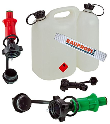 BAUPROFI Doppelkanister 5,5+3 Liter Natur (klar) inkl. Ausgiesser und 2X Sicherheitseinfüllsysteme (grün + rot) mit originalem Maßstab