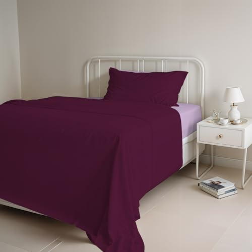 Set Lenzuola Letto Singolo Cotone Natural Color, lavorato in Italia - Completo Letto, Lenzuolo Sotto con Angoli, Telo Sopra 90x200cm e Federa con Patella Interna, Prugna/lilla