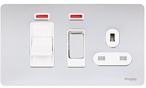 Schneider Electric Ultimate Screwless Flat Plate - Switched Single Cooker Control Unit with Socket, Double Pole with Neon Indicator, 45A, GU4401WPC, Polished Chrome with White Insert