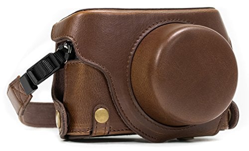 MegaGear Leder Kameratasche für Panasonic LUMIX LX100, DMC-LX100 Kompaktkamera (Dunkelbraun)(Bodenklappe)