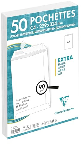 Clairefontaine 805050C - Packung mit 50 Versandtaschen weiß C4-229x324 mm, selbstklebend, 90g, 1 Pack