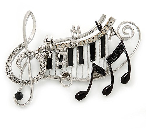 Noir, Blanc, émail, cristal autrichien Notes de musique Broche en argenté – 65 mm L