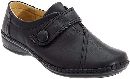 Boulevard XXX Wide Fit Touch Fastening Bar Slip On Shoes - Black PU, Ladies UK 7 / EU 40