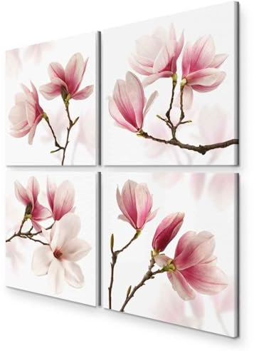 B&D XXL - Wandbilder Set Blumen 60x60 cm 4 Teilig je 30x30 Vlies Leinwandbild Kunstdruck modern Wandbilder XXL Wanddekoration Design Wand Bild mehrteilig Magnolien weiß rosa