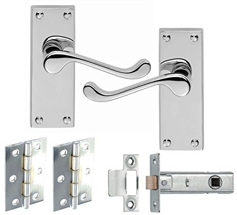 1 Set Of Victorian Scroll Latch Door Handles Polished Chrome Hinges & Latches Pack Sets