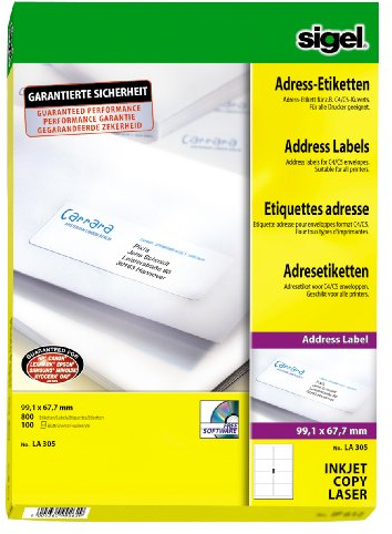 Sigel LA305 Adress-Etiketten weiß (Ink/Laser/Copy), abgerundete Ecken, 99,1 x 67,7 mm (auf DIN A4-Bögen), 800 Etiketten = 100 Blatt