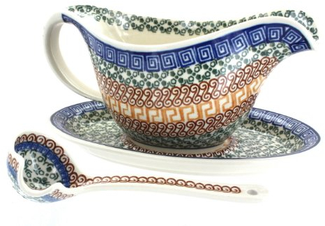 Blue Rose Polish Pottery Athena Gravy Boat & Ladle