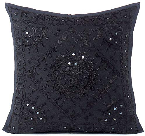 Eyes of India - Spiegel Bestickt Dekorativ Sofa Couch Kissenbezug Überwurf Schutzhülle Bohemian Akzent Boho Chic Bunt Indische Handarbeit Abdeckung - Schwarz, 16 X 16 in. (40 X 40 cm)