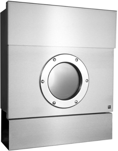 Radius Design Edelstahl-Briefkasten mit Zeitungsfach Letterman 2, Sichtfenster und Schloss, Wand-Briefkasten Edelstahl mit Zeitungsrolle und Fenster, Edelstahl-Postkasten Letterman II mit Bullauge