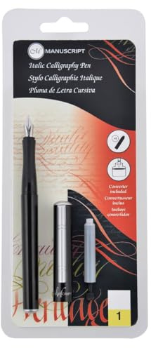 Manuscript Pen Company MC1605 Italic Calligraphy Pen – 4 Pieces – Italic Calligraphy Pen with Medium Nib, Two Ink cartridges and Ink Converter - Ideal for Exploring The Art of Calligraphy!,Black