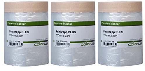 Colorus Masker Tape PLUS – 3 Rollen 55 cm x 33 m – Maler Abdeckfolie mit Feinkrepp Klebeband | HDPE Folie selbsthaftend | Malerband Innenbereich