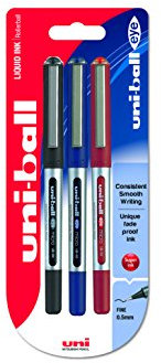Uni-ball 153486289 UB-150ye Micro Kugelschreiber, Uni Super-Tinte, 0.5 mm Spitze, 3 Stück schwarz/blau/rot