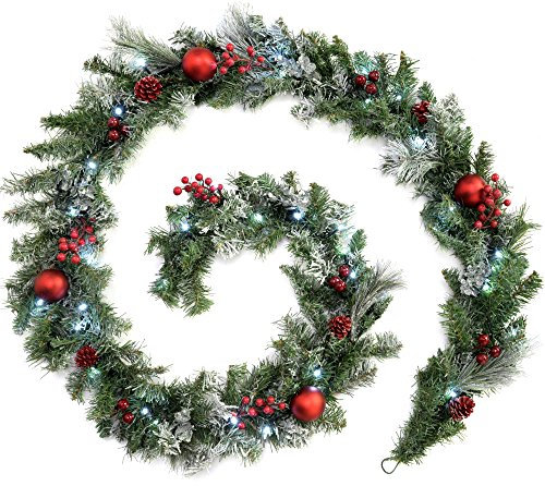 WeRChristmas Pre-Lit Frosted Decorated Garland Illuminated with 40 Cool White LED Lights, Red, 9 feet