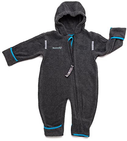 Hoppediz Baby Overall aus Fleece, extra lange Beine - perfekt für die Babytrage, Umschlagbündchen an Händen und Füßen - anthrazit 56-62