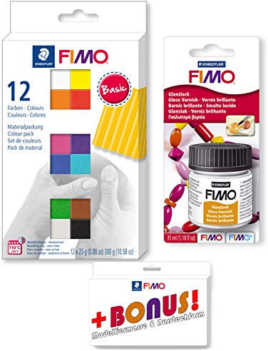 STAEDTLER FIMO 12er Materialpackung + Glanzlack Set inkl. Bonus