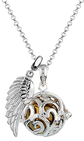 Nenalina Silber Halskette mit Engelsflüsterer Anhänger inkl. Klangkugel und Engel Flügel Anhänger | Damen Collier mit Schmuck- und Kettenanhänger | Länge 80cm | 925 Sterling Silber| EFS-017