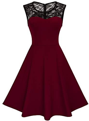 HOMEYEE Damen Elegant 50er Rundhals Abendkleider für Hochzeit Spitze Vintage CocktailKleid A008 (M, Dunkelrot)